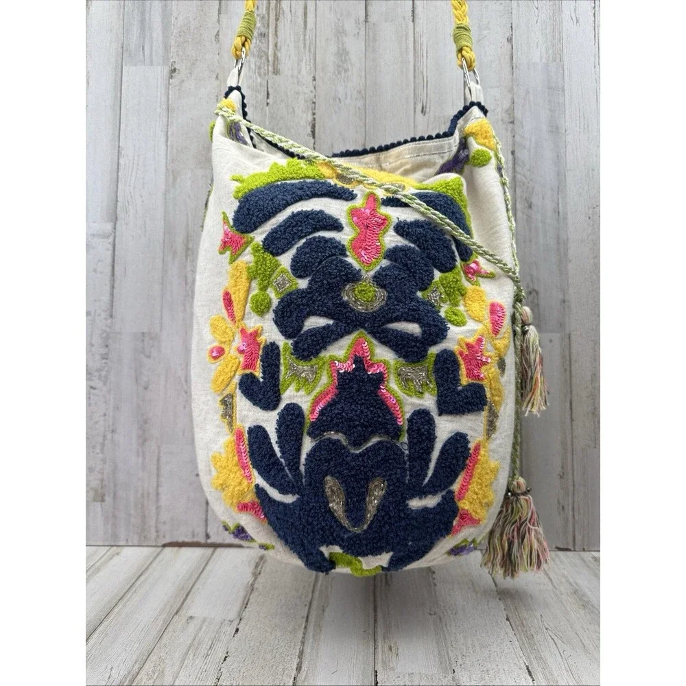 Ruby Yaya Cotton Colorful Fringe Tassels Shoulder Bucket Crossbody Bag Boho Tote